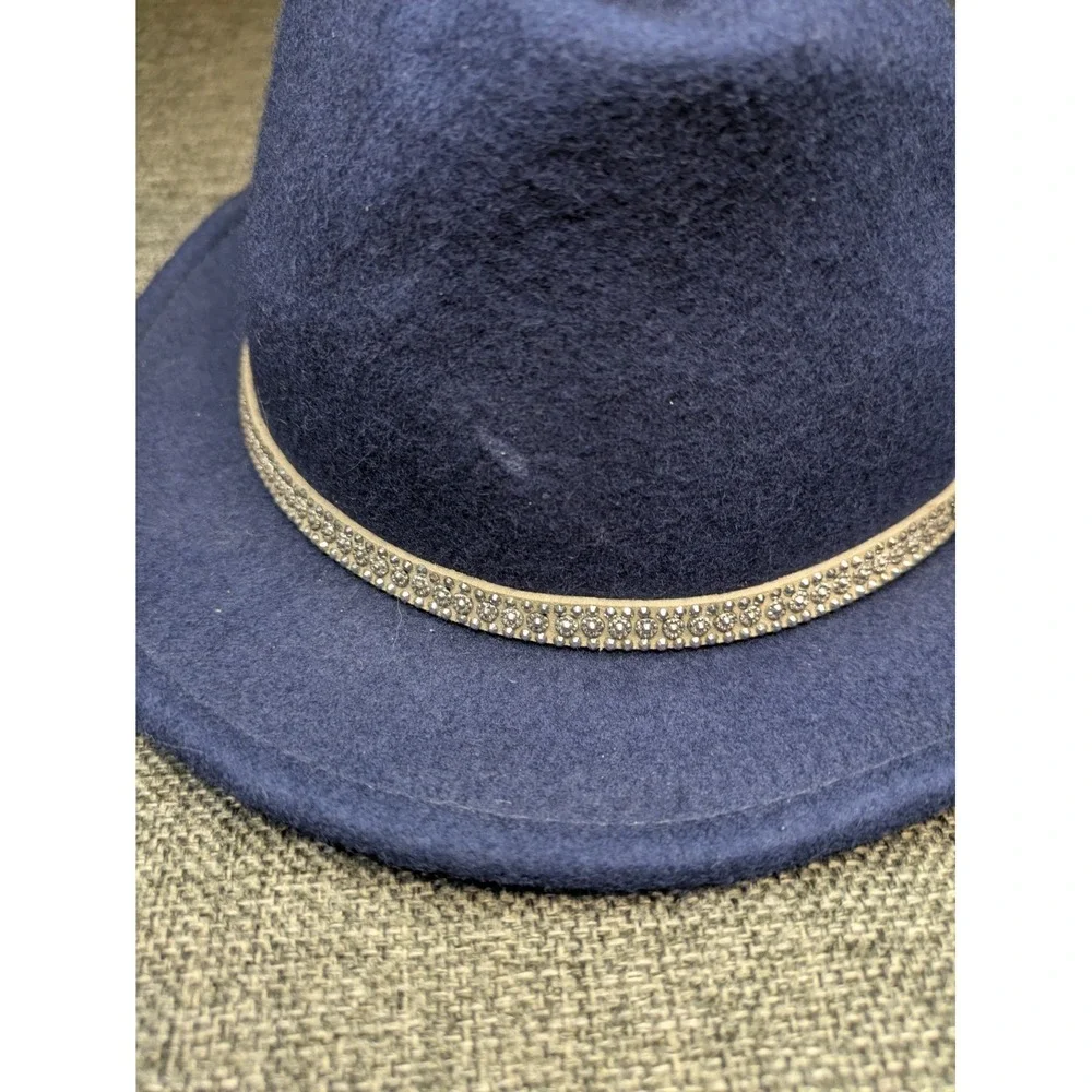 Charming Charlie Blue Wool Fedora Hat Wide Brim Womens Medium Rhinestone Belted